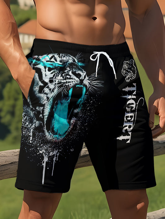 Short Homme Plage Ete Motif Tigre Feroce Geometrique - 95% Polyester Elasthanne Coupe Standard Bleu Noir FR S-XXL