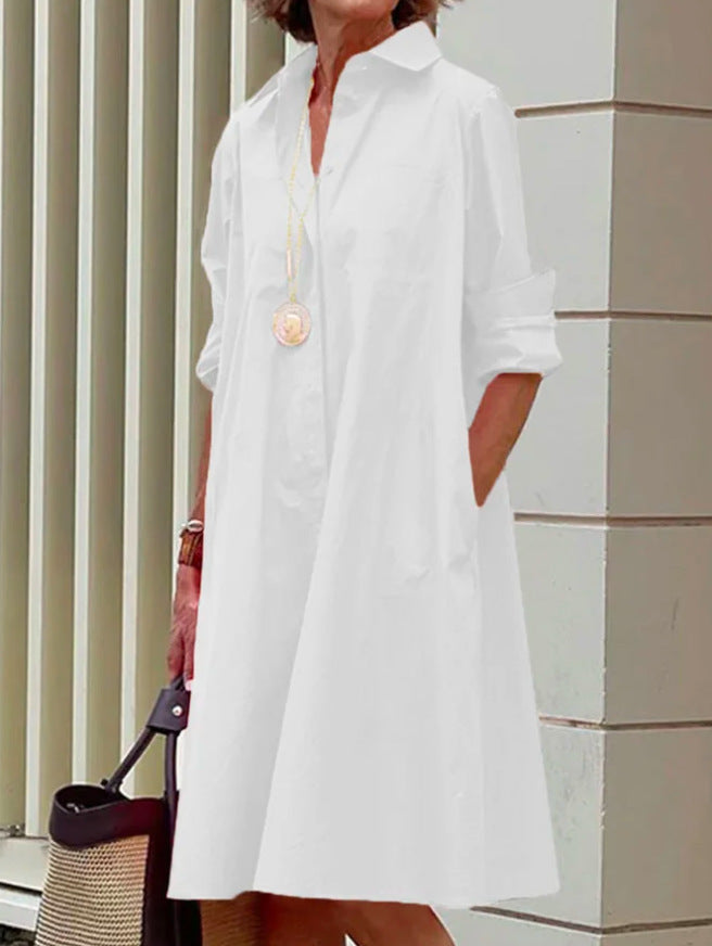 Robe Chemise Manches Longues Femme – Col Polo, Couleur Unie, Mi-Longue Grande Taille