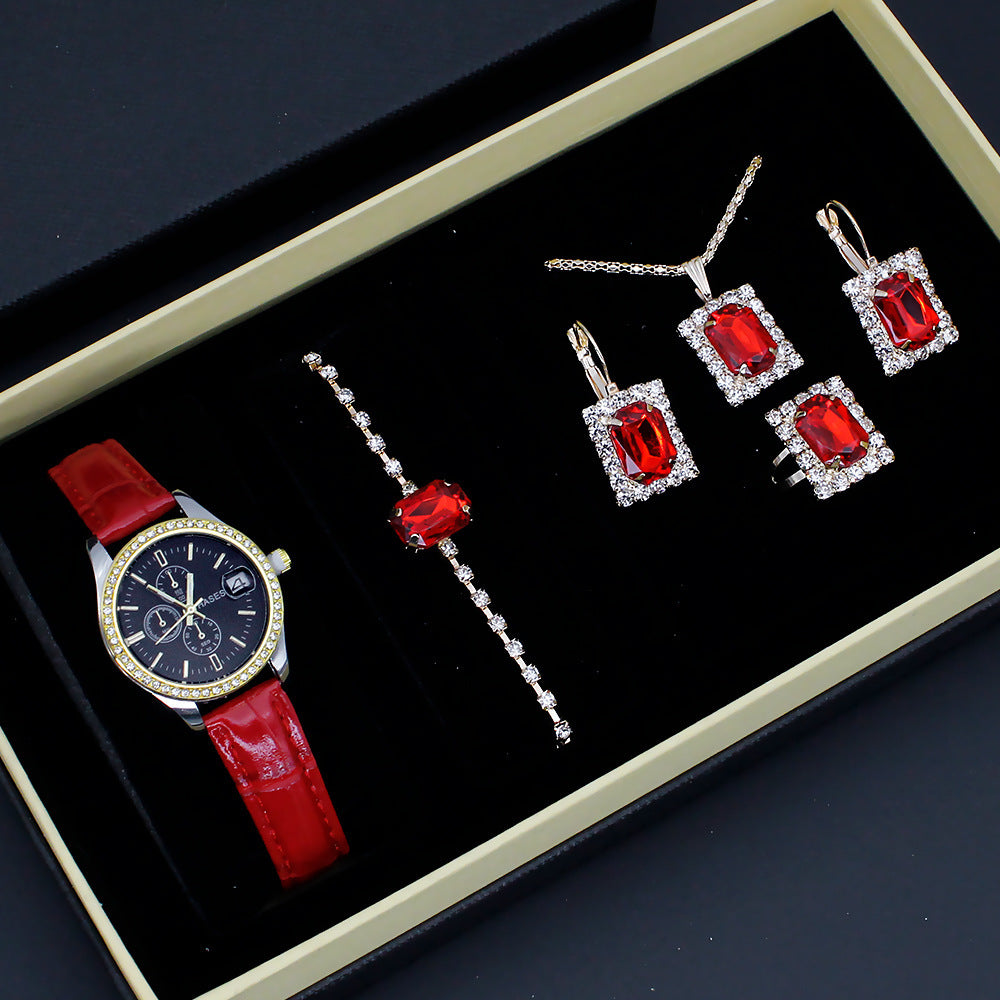 Coffret Montre-Bijou Carrée Femme – 5 Pièces : Montre + Collier + Boucles + Bague ✨