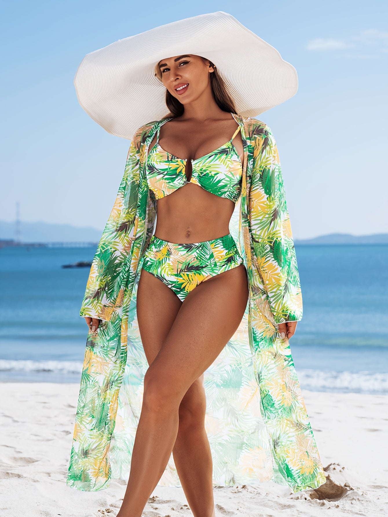 Ensemble Bikini 3 Pieces Femme - Motif Tropical, Col en V, Manches Longues