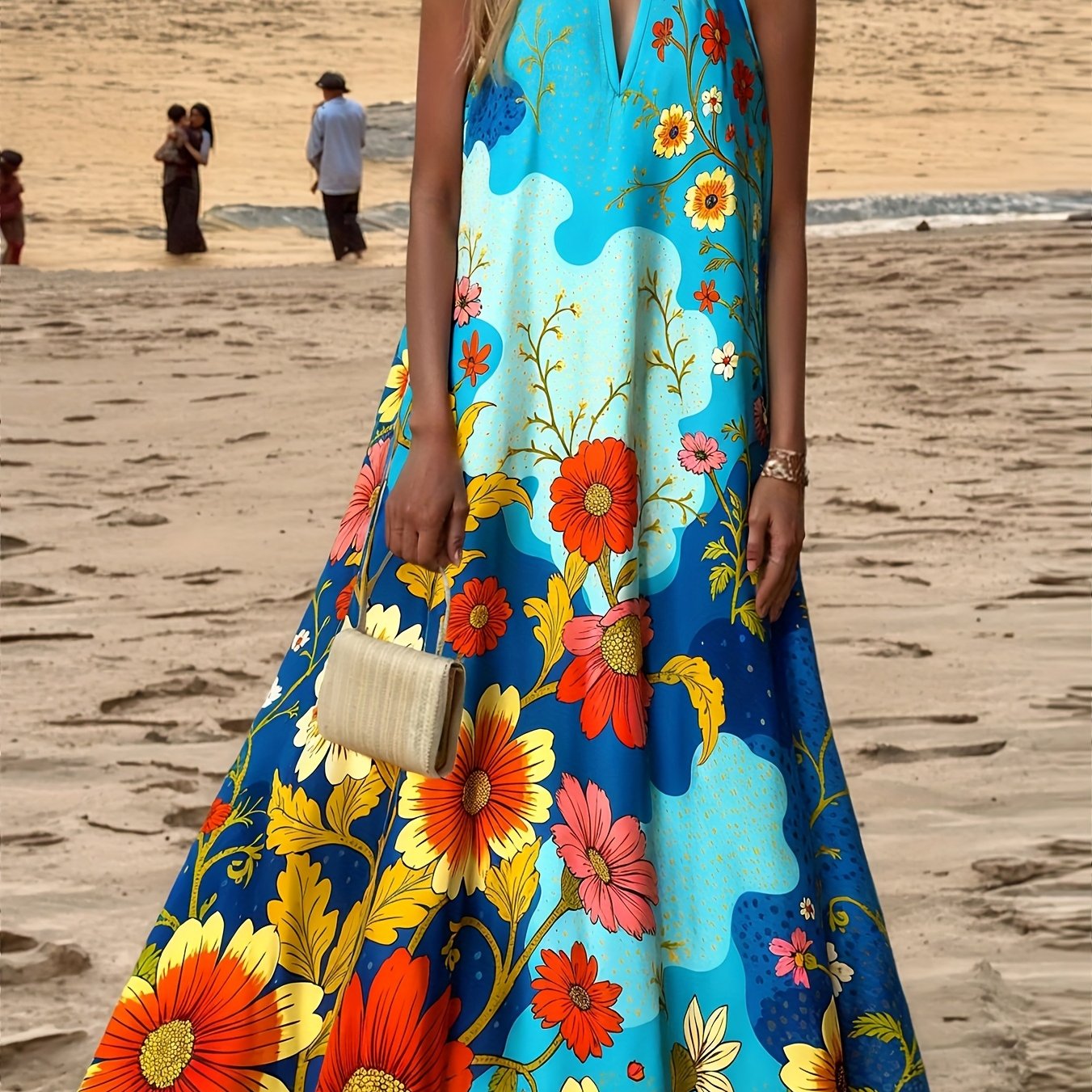 Robe Longue Sans Manches Imprimé Floral – Col Rond, Coupe Trapèze, Style Décontracté Printemps-Été