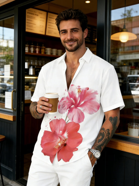 Chemise homme fleurie hibiscus manches courtes - Style décontracté été