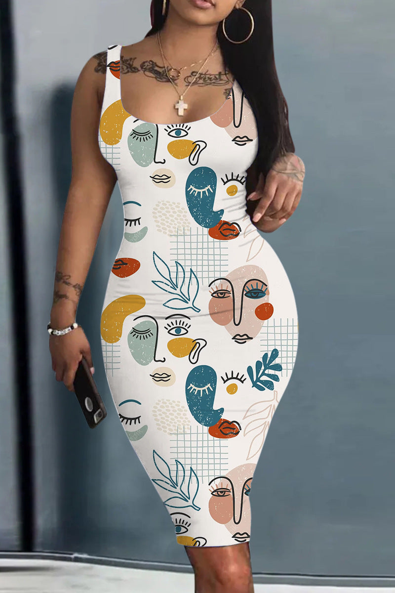 Robe ample imprimé numérique femme - Sans manches, col rond, style graphique