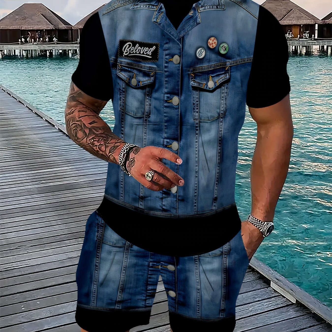 Ensemble 2 pieces homme imprime faux denim - Haut manches courtes + short assortis, polyester stretch, bleu