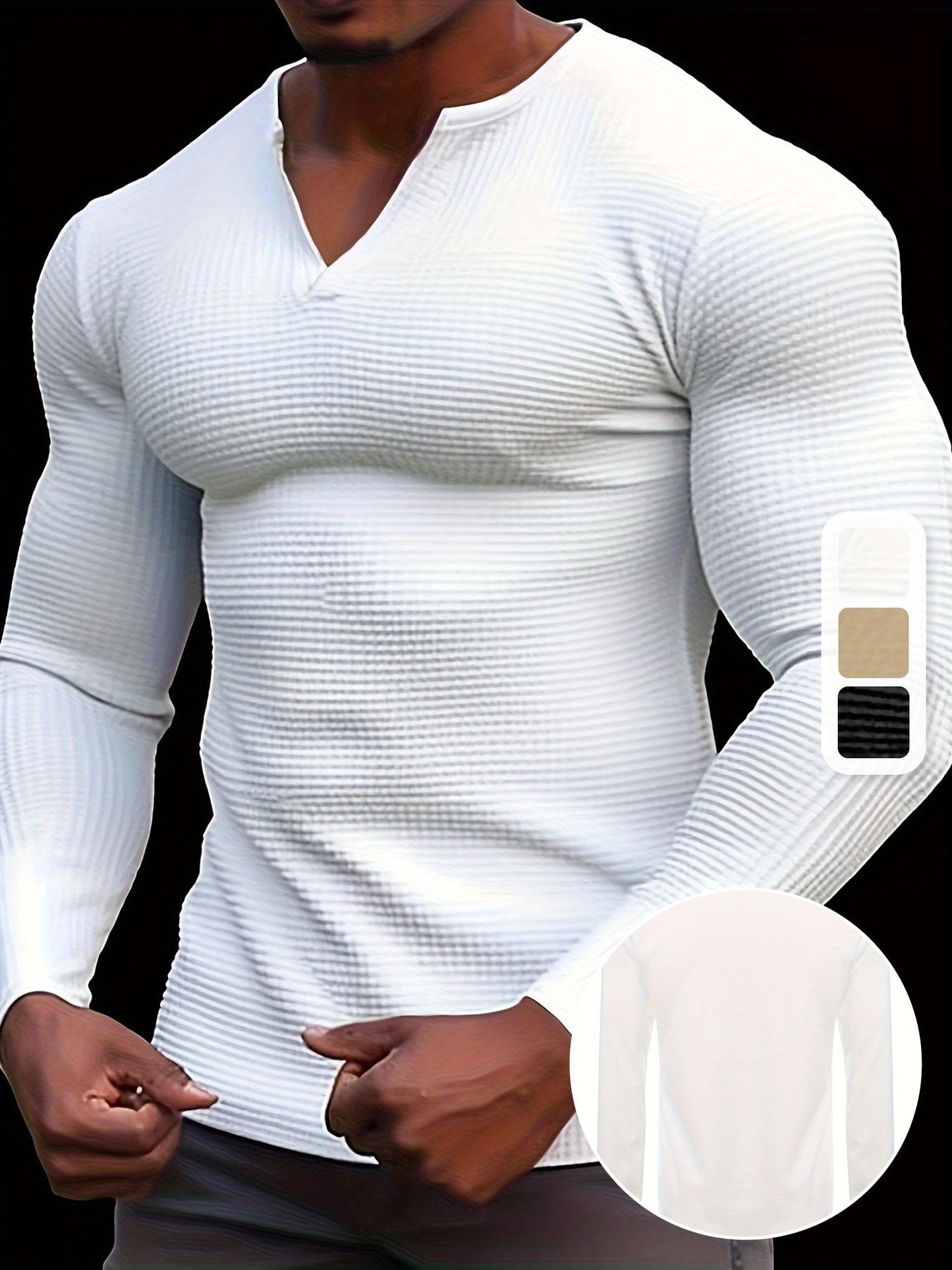 T-Shirt Homme Manches Longues Col en V Gaufre - Slim, 100% Polyester, Blanc Beige Noir, S-XXXL