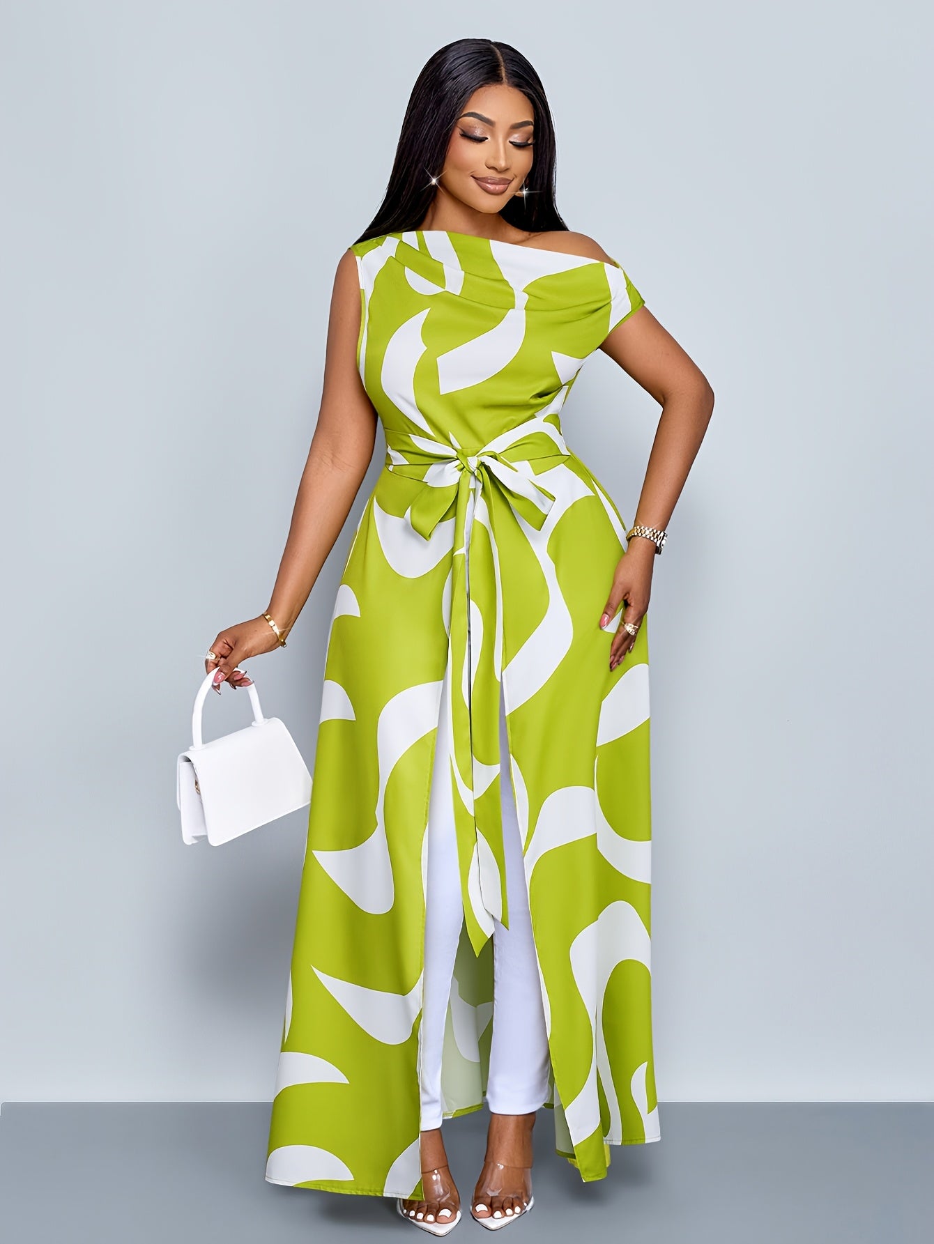 Robe maxi femme grande taille unie - Col asymetrique, epaules denudees, ourlet asymetrique, extensible, vert, L a 3XL