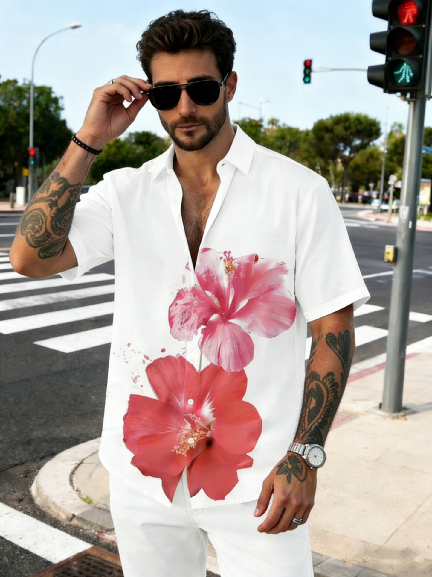 Chemise homme fleurie hibiscus manches courtes - Style décontracté été