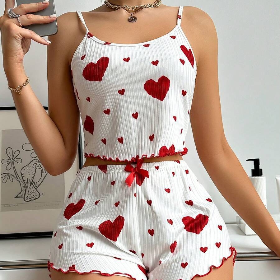 Ensemble pyjama femme bretelles et short - Tissu cotele rayures creuses, imprime coeur, style europeen