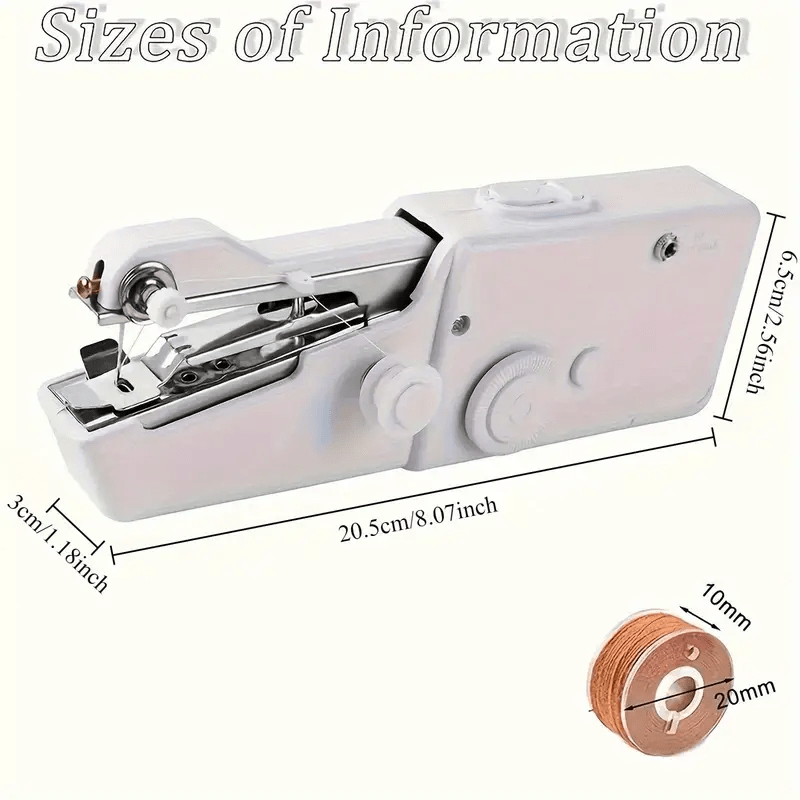 Portable and compact sewing machine with dimensions, showing threading mechanism and spool of thread.