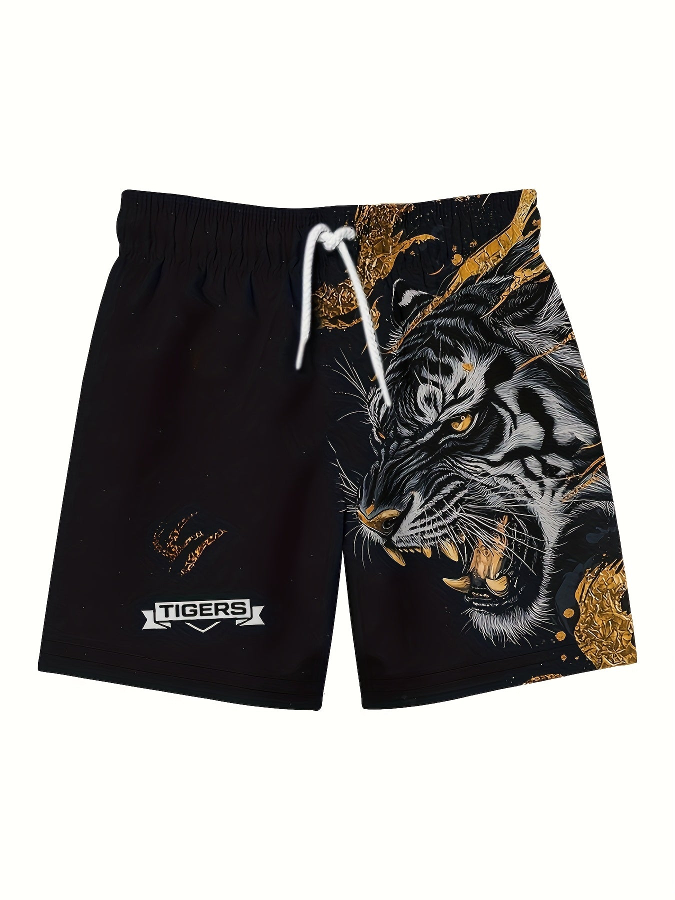Short Homme Motif Tigre Noir et Or Cordon Serrage 100% Polyester Coupe Standard - Decontracte Plage FR S-XXL