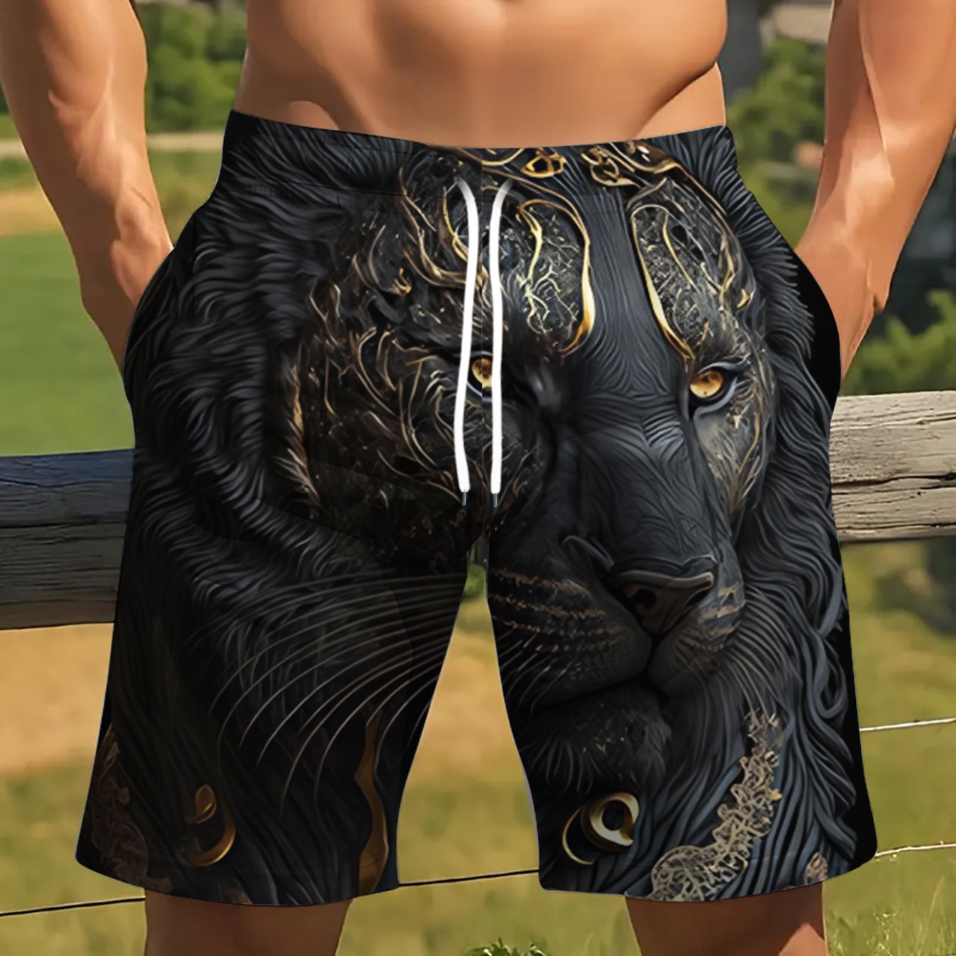 T-Shirt Homme Imprime Lion Noir et Dore Motif Geometrique Decontracte - 100% Polyester FR S-XXL
