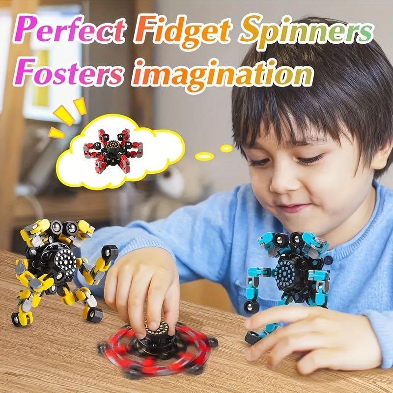 Lot 4 Robots Transformables Toupie Gyroscope Doigts - Robot a Chaine, Couleurs Melangees, Cadeau Enfants Ados 3 Ans+