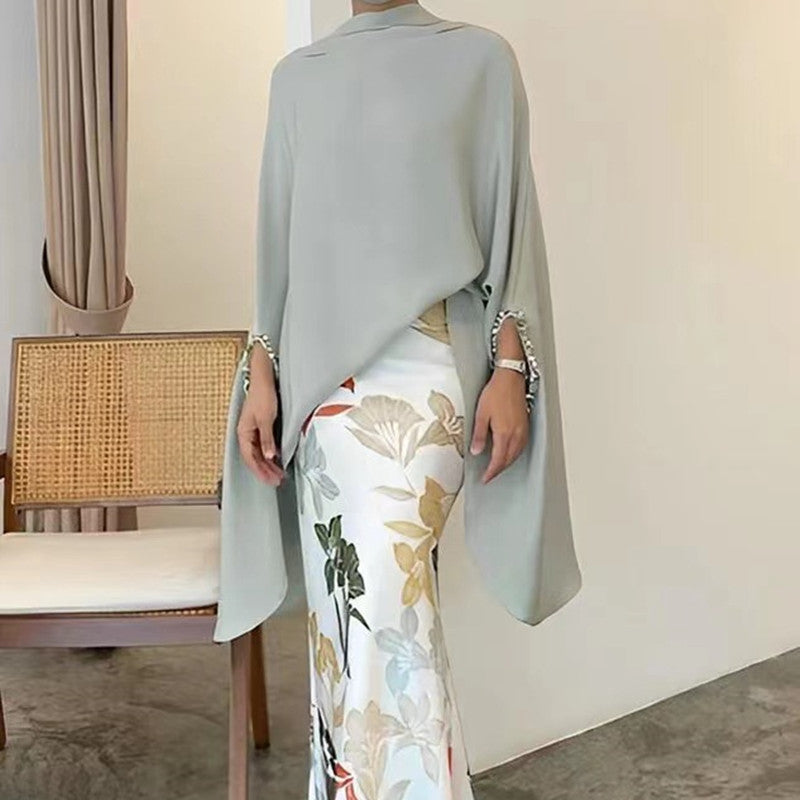 Ensemble 2 pieces femme - Haut manches trompette et jupe mi-longue asymetrique imprimee, gris