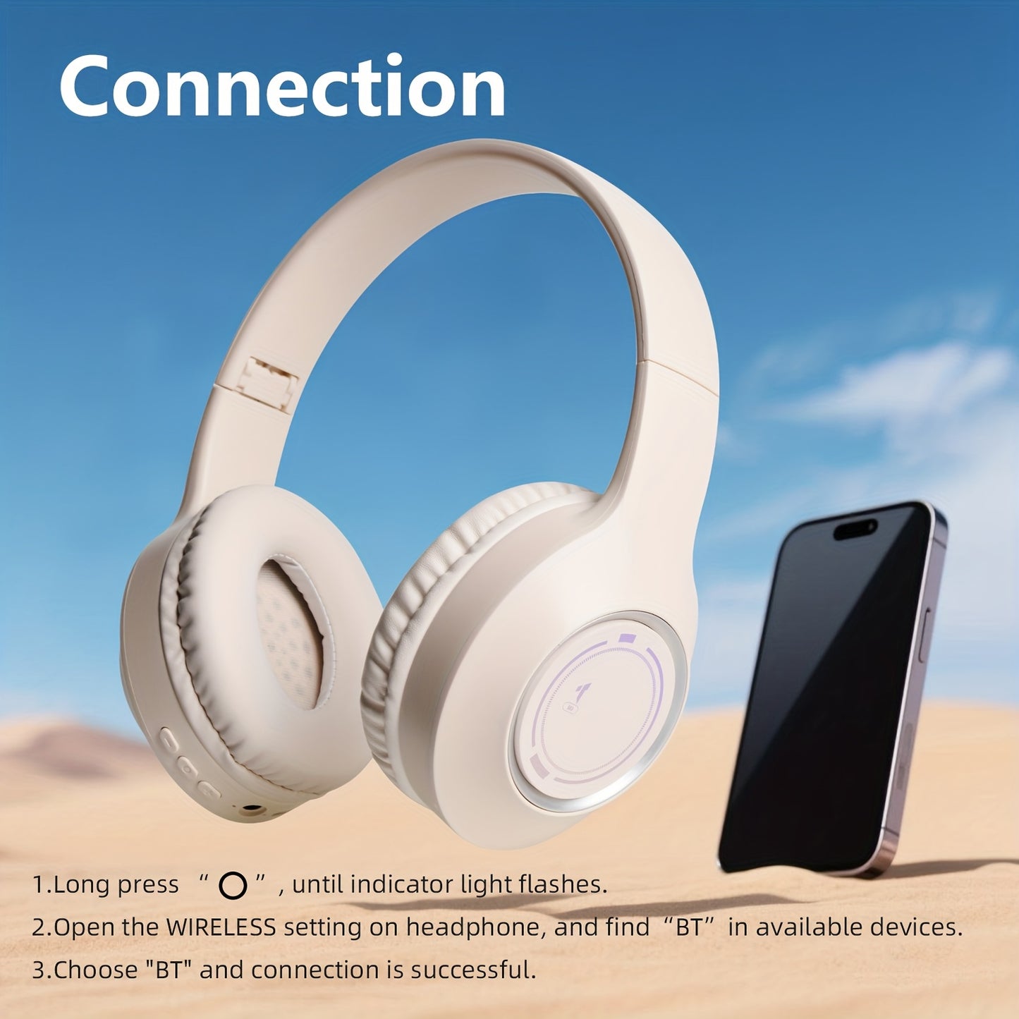 Casque Sans Fil Supra-Auriculaire Pliable – Micro Intégré, Batterie 150mAh & USB-C | Thème Anime & Film | Noir & Beige