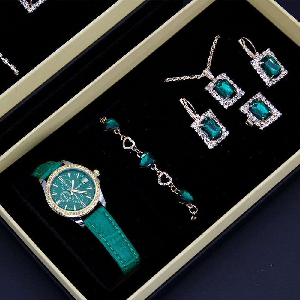 Coffret Montre-Bijou Carrée Femme – 5 Pièces : Montre + Collier + Boucles + Bague ✨