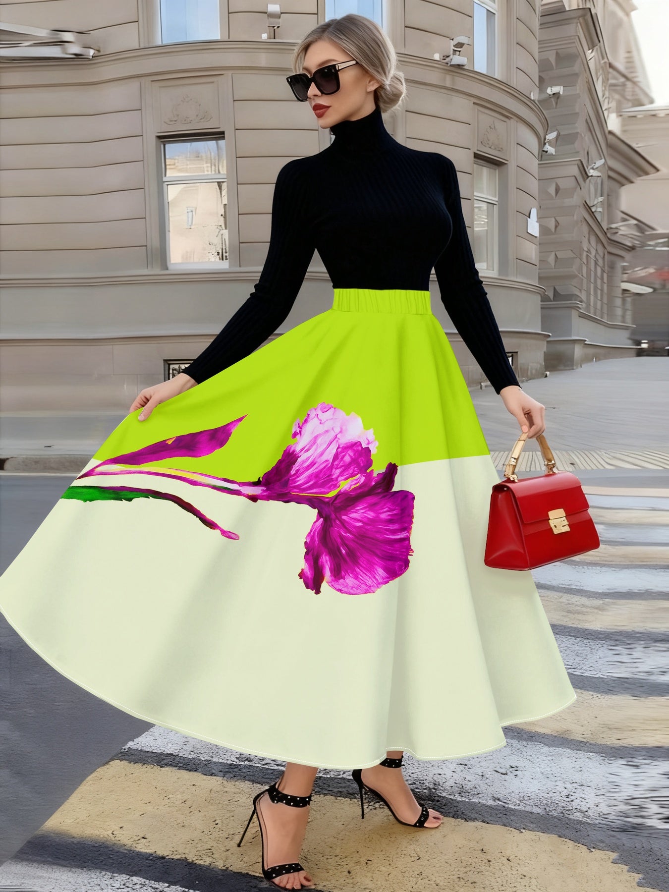 Jupe Mi-Longue Femme Imprimée Orchidées Roses – Style Élégant, Toutes Saisons