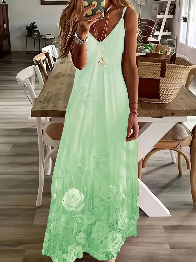 Robe longue sans manches femme - Imprimé 3D, bretelles, style romantique