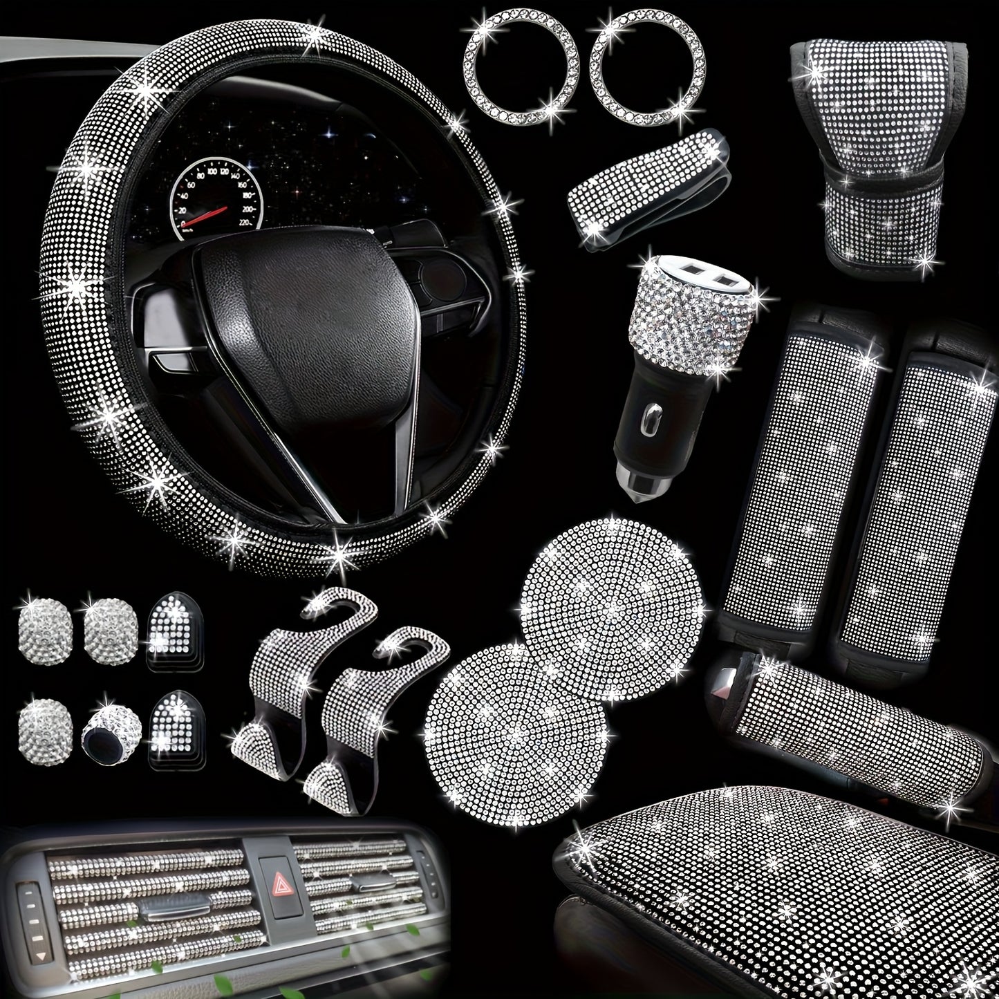 Kit 30 Strass Decoration Interieur Voiture - Volant & Grilles d'Aeration