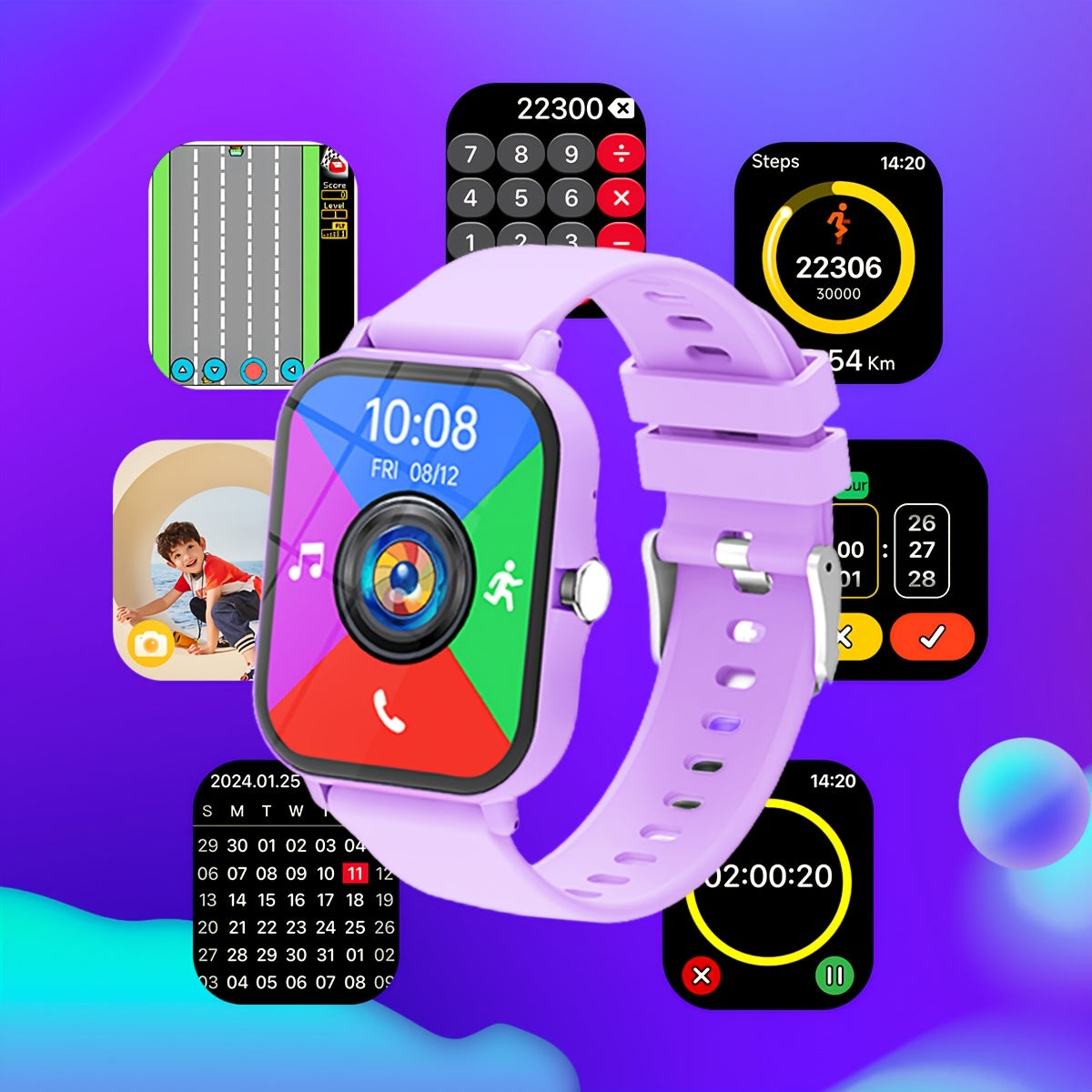 Montre Connectee Enfants Educative - Jeux, Musique, Photo Distance, Calculatrice, Reveil, Bracelet Silicone, 4 Coloris
