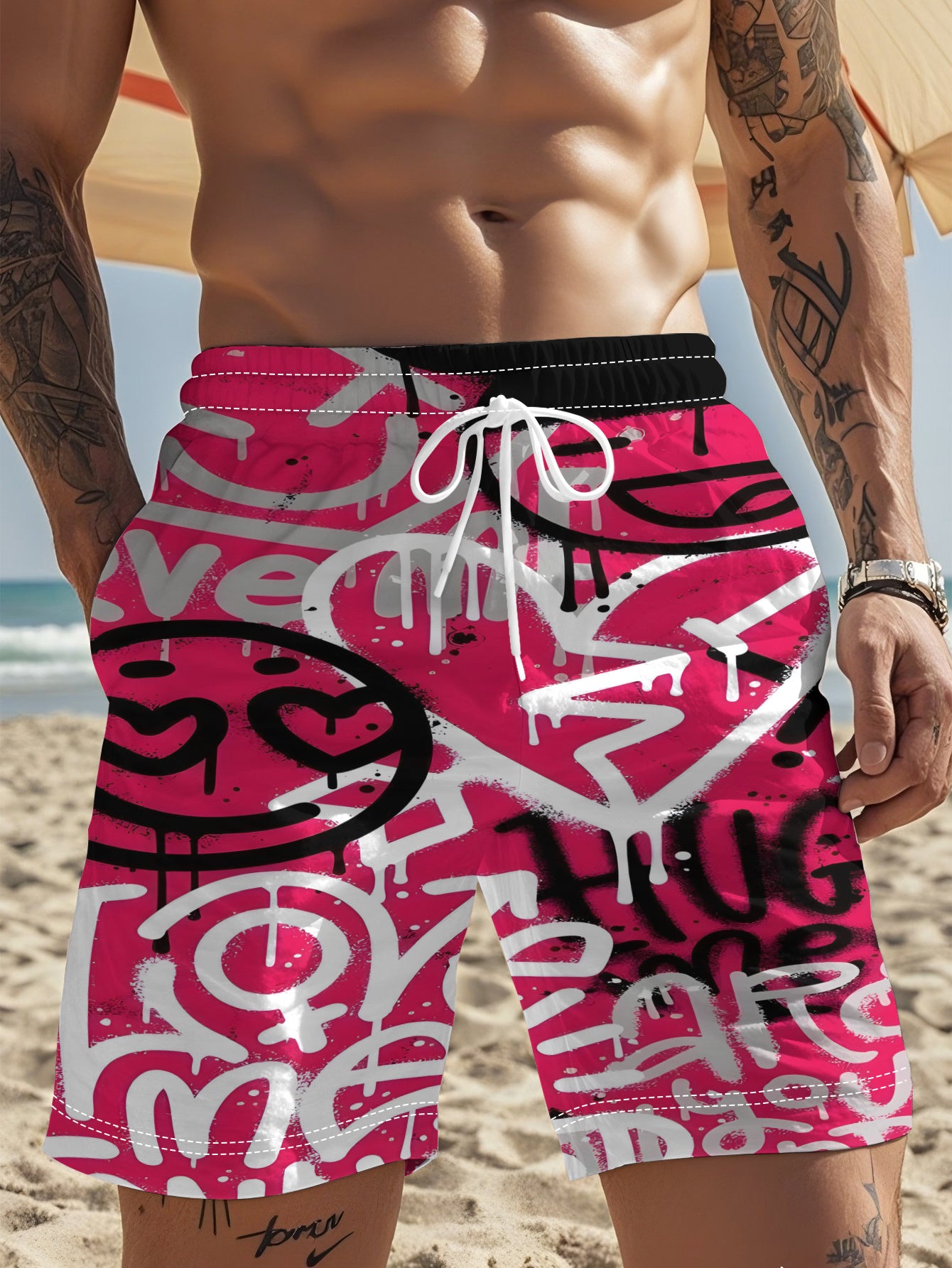 Short Homme Decontracte Imprime Graffiti Rose 100% Polyester Plage Ete - S au XXL