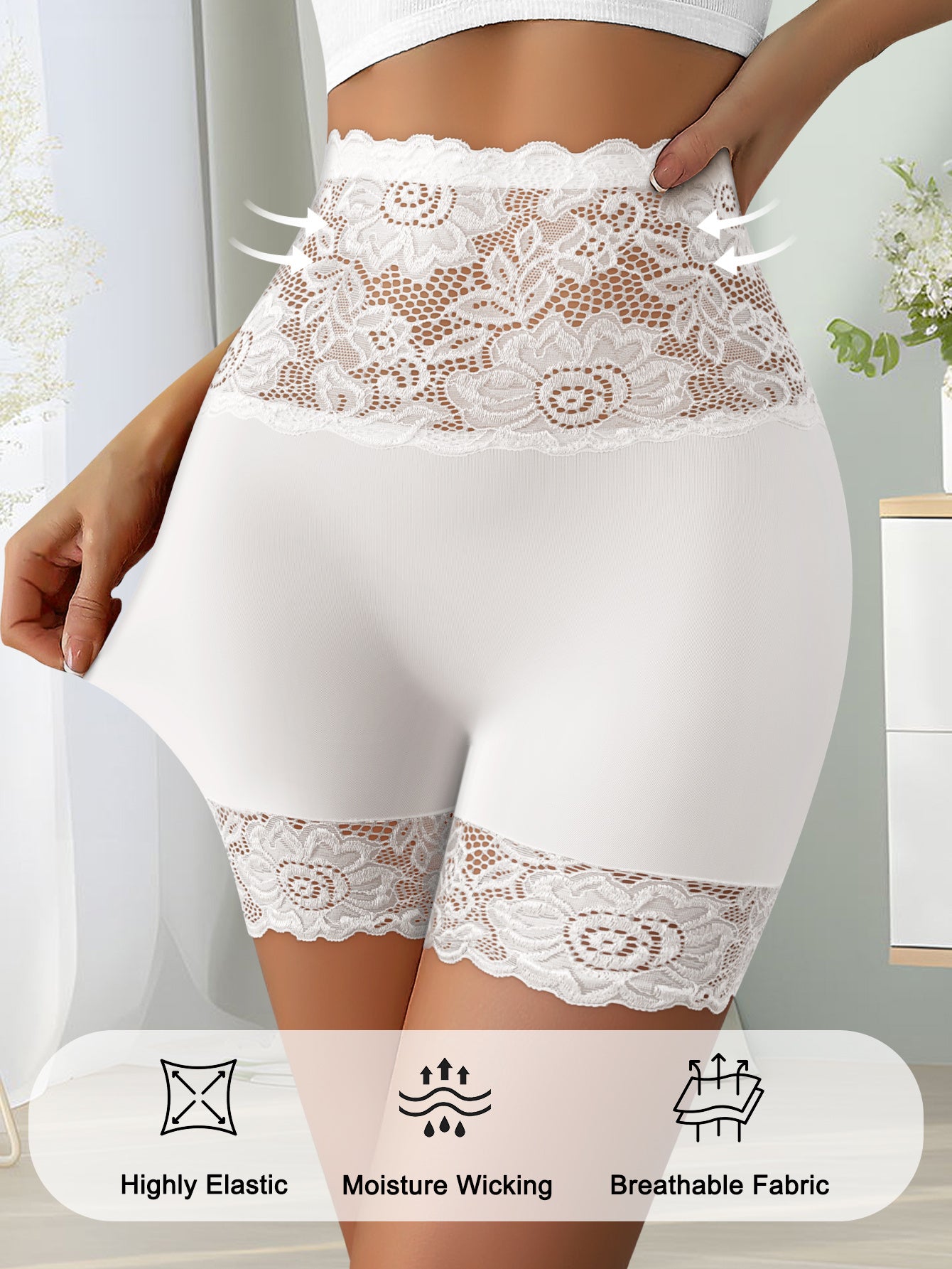 Lot de 3 Culottes Gainantes Taille Haute Dentelle Florale Femme - Blanc