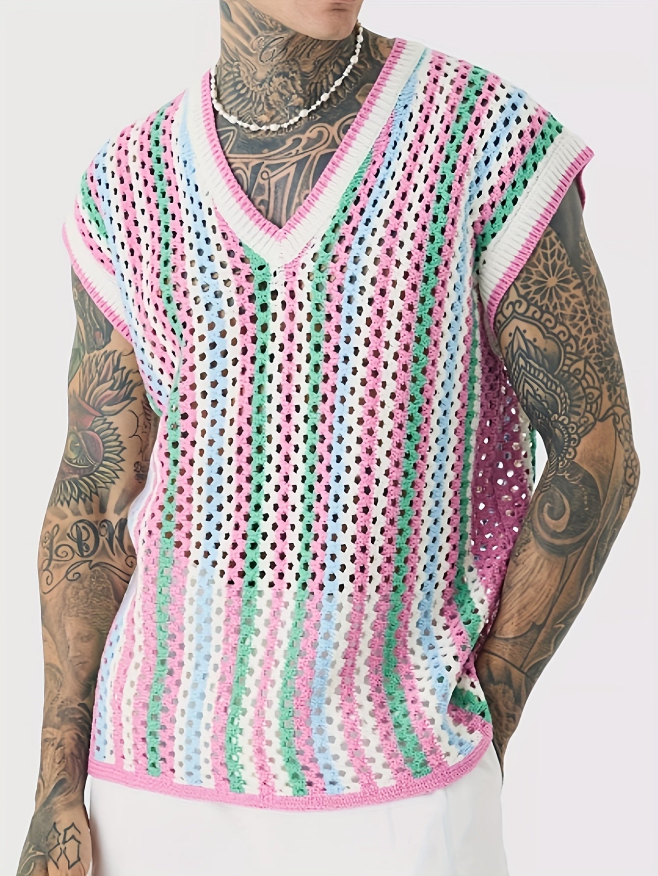 Gilet Ajoure Crochet Col V Sans Manches - Style Vacances Rayures FR S a XXL