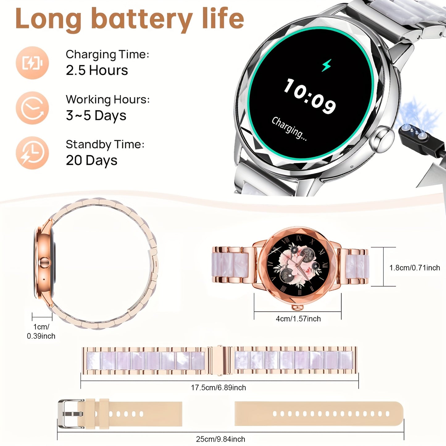 Montre Connectee Femme Elegante Bracelet Acier Inoxydable Ecran TFT 1.19 Bluetooth 5.3 - Suivi Cycle Sommeil Calories Podometre Compatible Android iPhone Rose Dore Argente