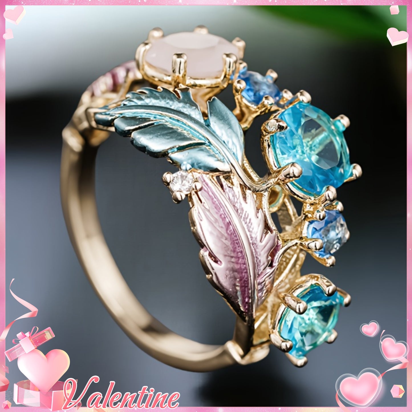 Bague Plume Vigne Doree Zircon Bleu - Bijou Boheme Femme Plaque Or