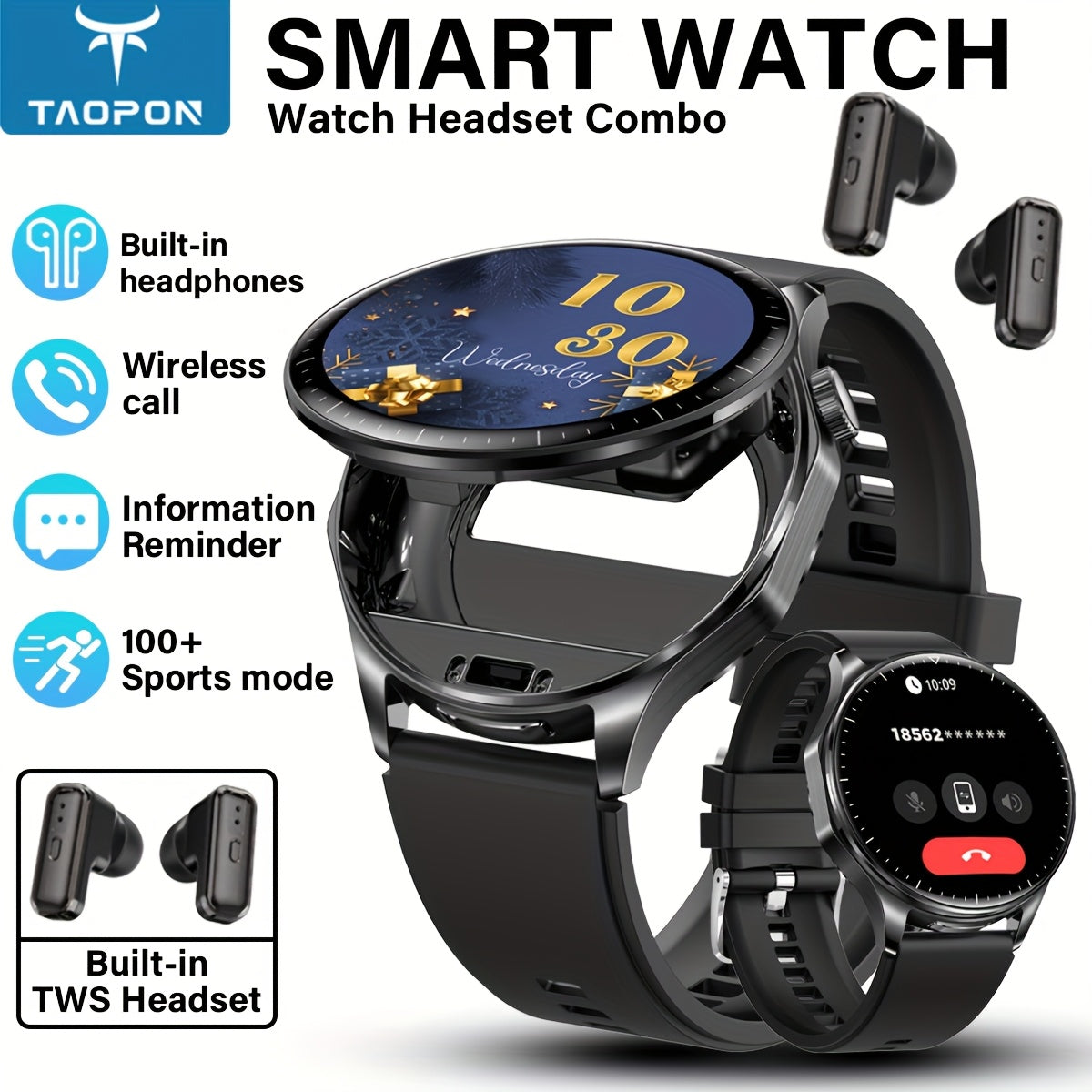 Montre Connectée 2-en-1 TAOPON – Écran AMOLED HD, Appels Sans Fil & Modes Sportifs | Homme & Femme