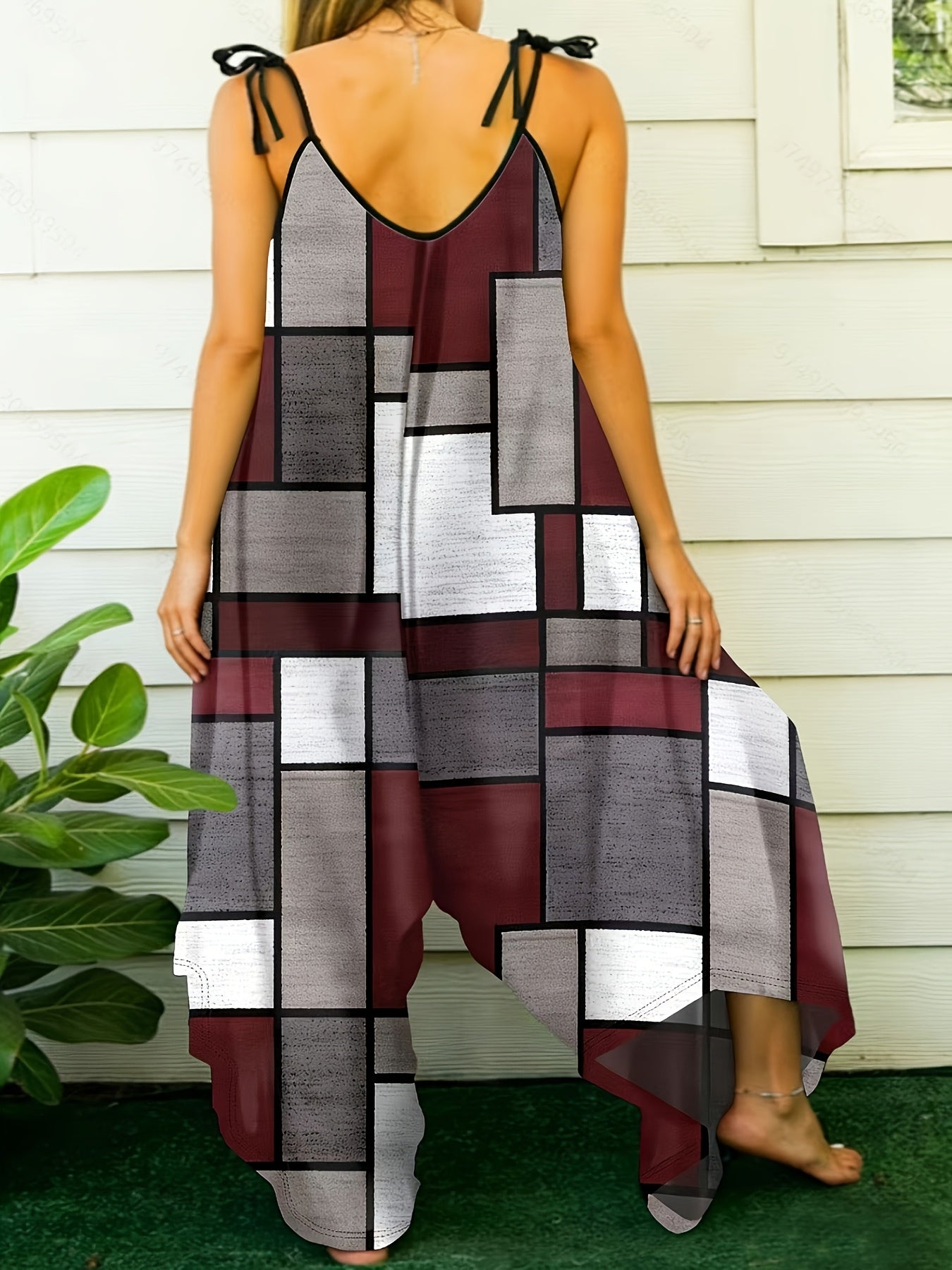 Combinaison d'Été à Bretelles Imprimé Géométrique – Tissu Extensible, Style Élégant | Grande Taille L au 4XL