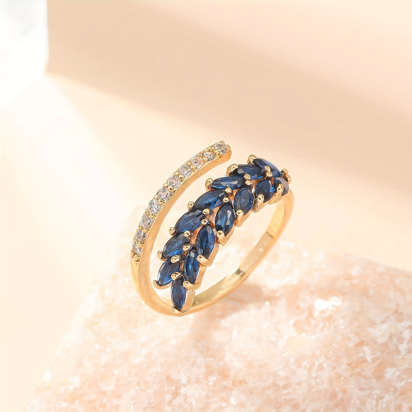 Bague ouverte femme cuivre plaque or 18 carats - Zircone cubique coloree, style elegant, 7 modeles