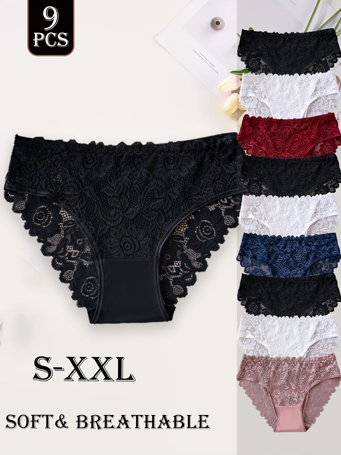 Lot de 9 culottes femme en coton avec dentelle - Couleur unie, style élégant, confort quotidien