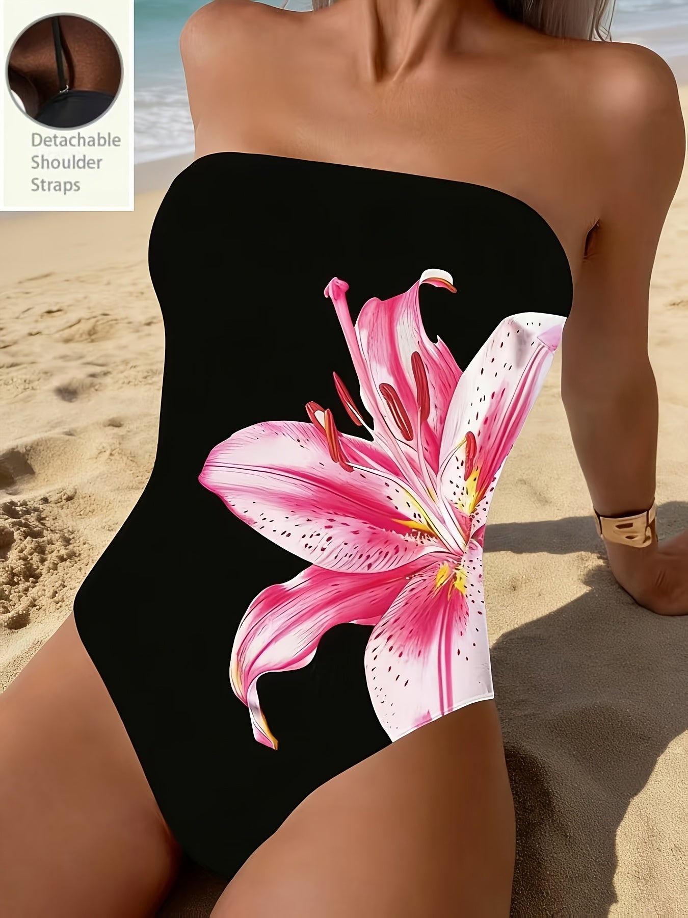 Maillot de Bain 1 Piece Femme Bandeau Epaules Denudees Imprime Floral - Rembourrage Amovible, Tissu Stretch, Noir, S au XL