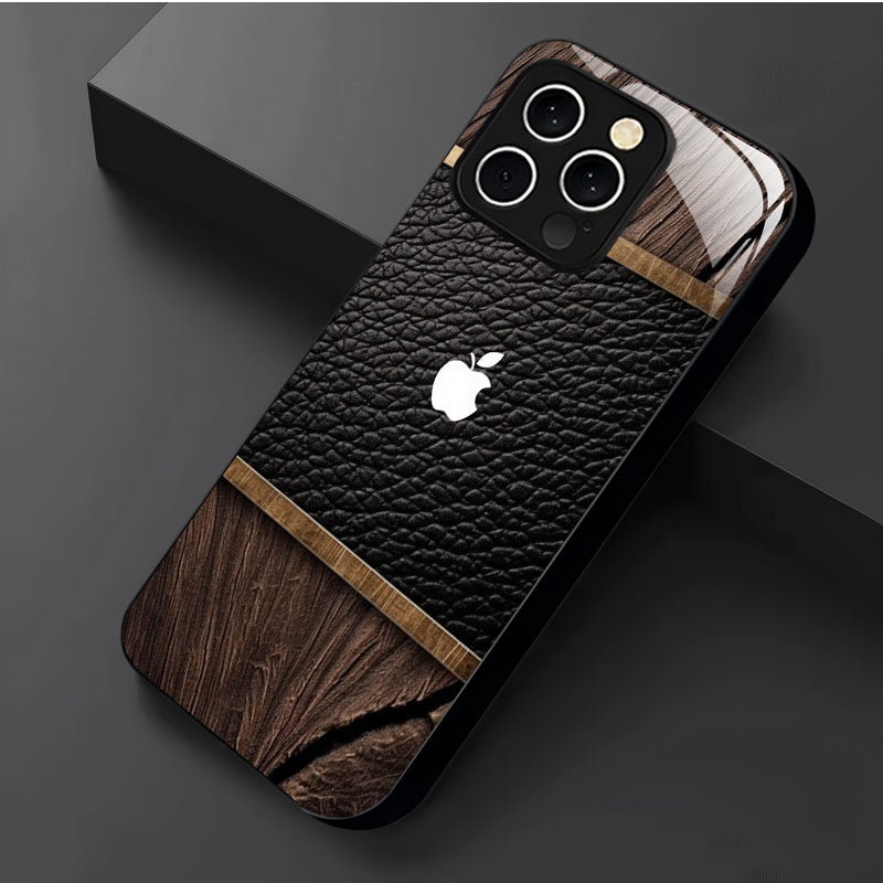Coque iPhone Verre Trempé Logo Apple – Design Bois, Impression UV, Protection Objectif