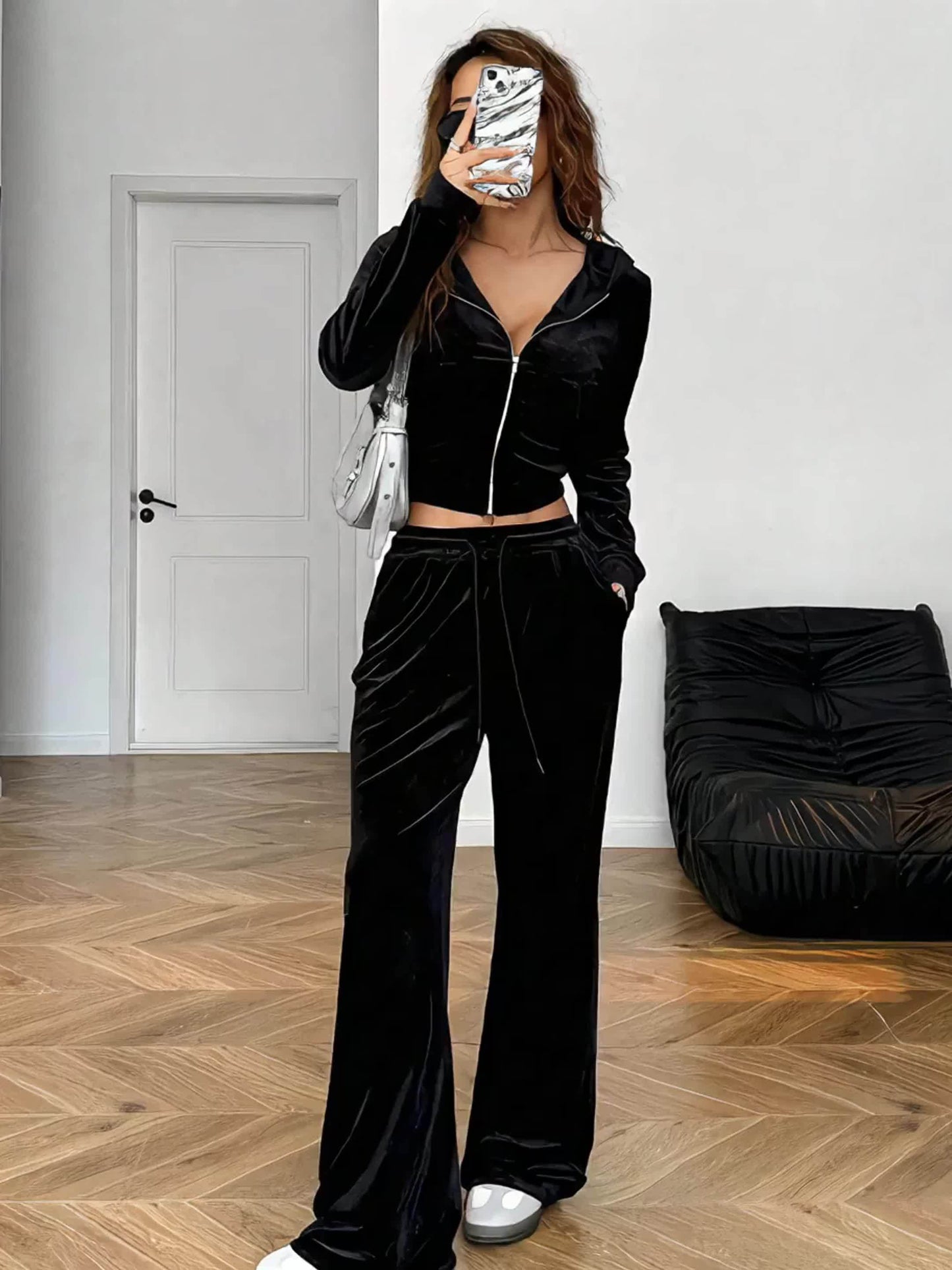 Ensemble Jogging Femme Strass - Hoodie Zippe et Pantalon Poches Noir