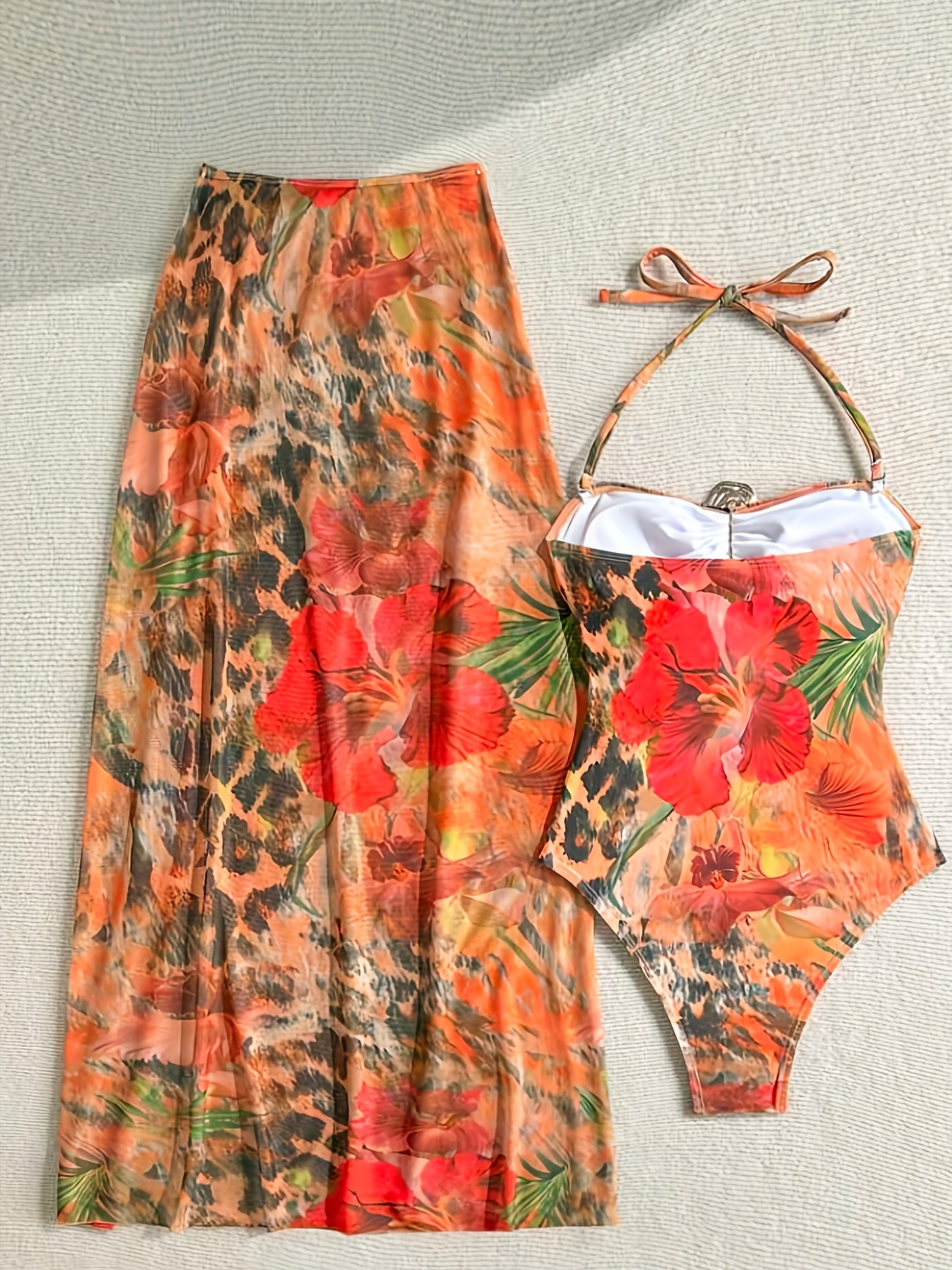 Maillot de Bain Une Piece Femme Imprime Floral - Details Creux, Tissu Stretch