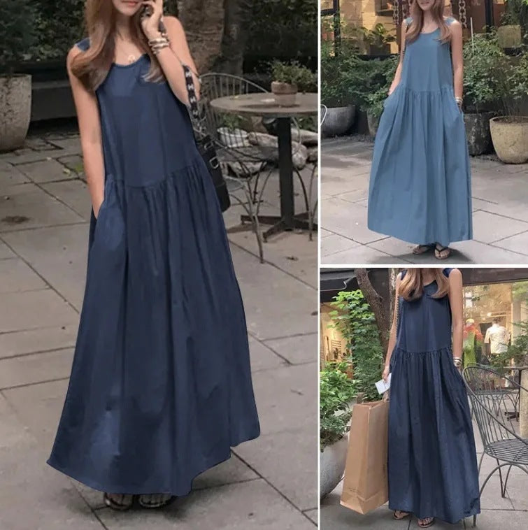 Robe longue ample à col rond et sans manches, grande taille, couleur unie - Topdecheztop.fr