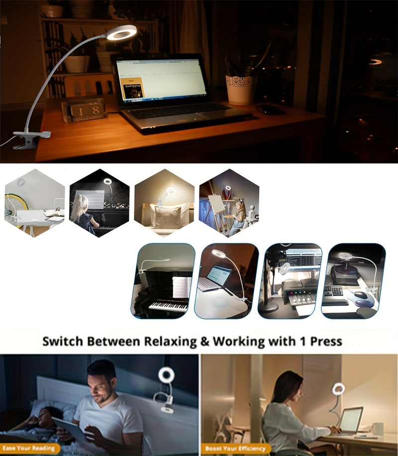 Lampe de bureau LED pince USB - Bras flexible 360° luminosité réglable