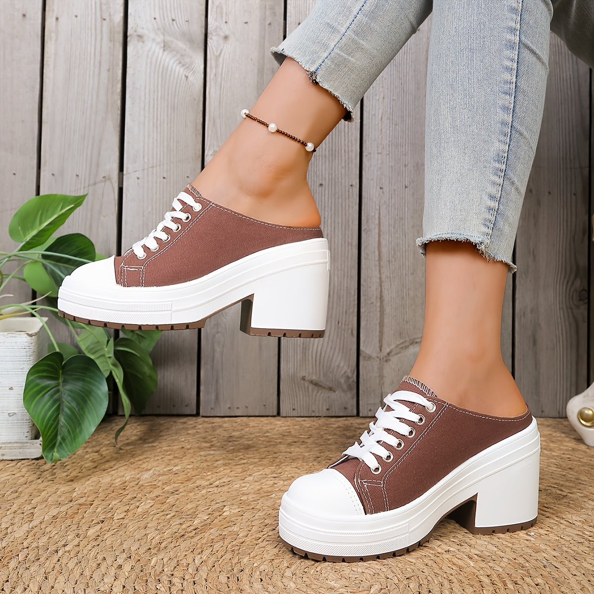 Mules Femme Talon Compense Lacets Tissu Semelle PU - Bout Rond Decontracte Noir Marron EU 36-42