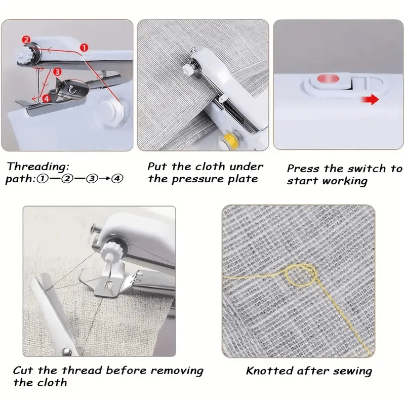 Portable and compact sewing machine with battery operation, showing threading instructions and sewing steps.