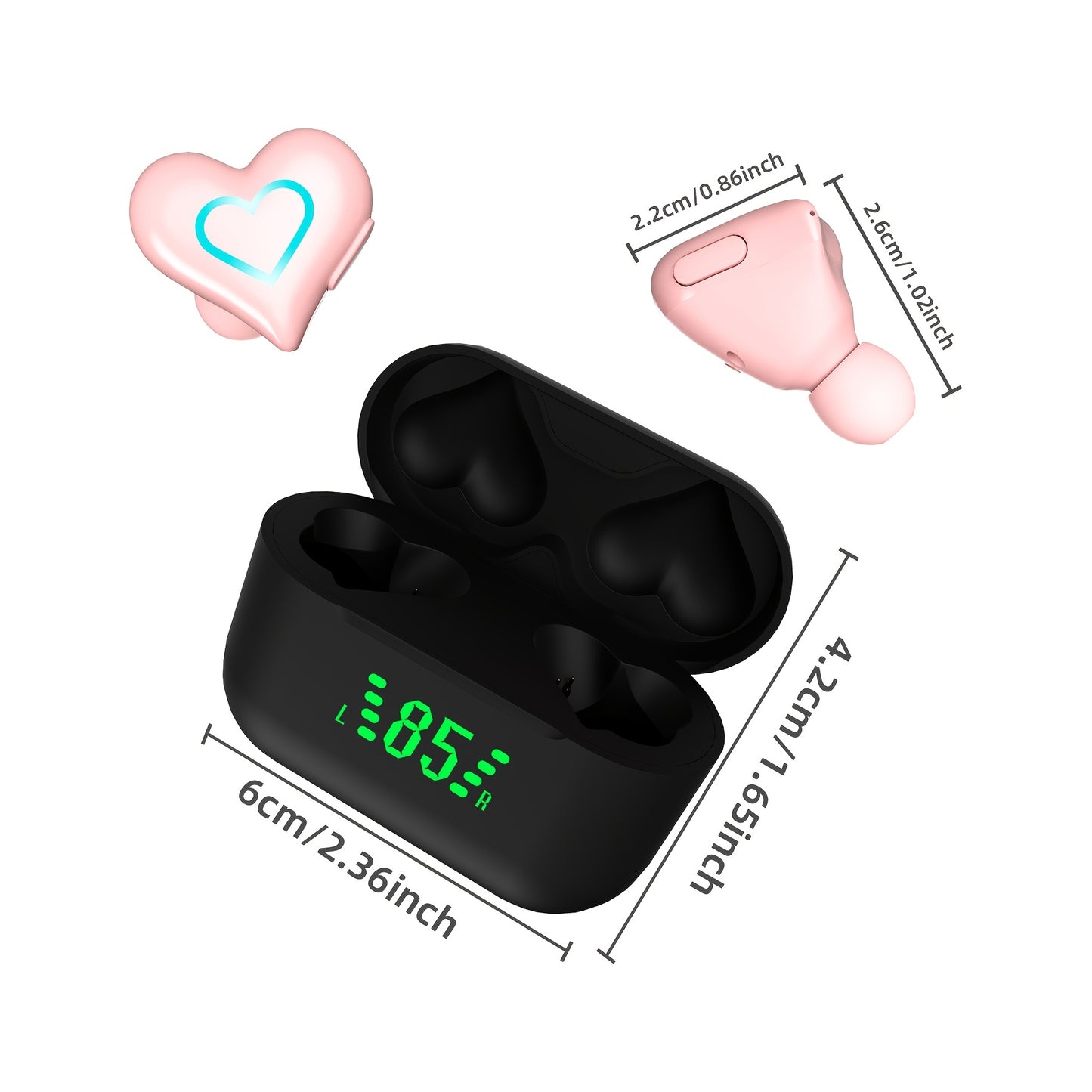 Ecouteurs Sans Fil TWS Coeur - LED, Bluetooth, Reduction de Bruit, Sport & Gaming