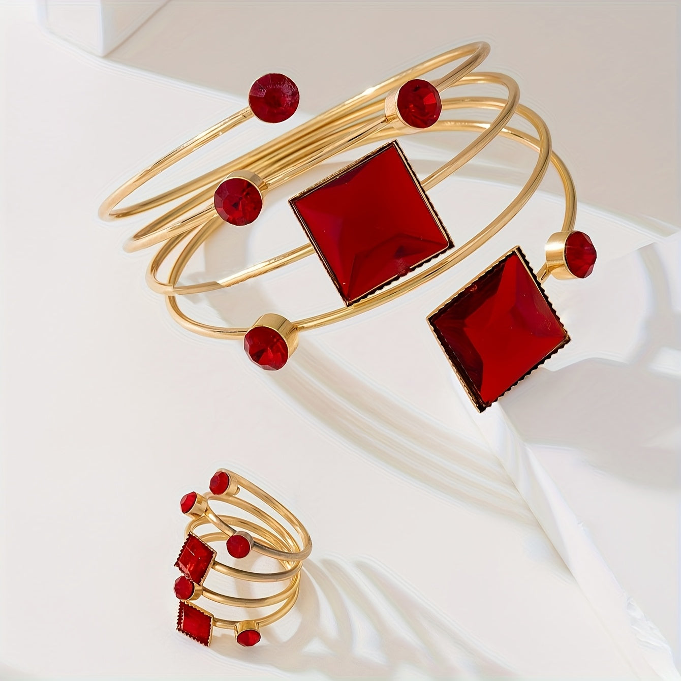 Ensemble bracelets et bagues femme plaque or KC - Style elegant, mosaique resine, toutes saisons, dore