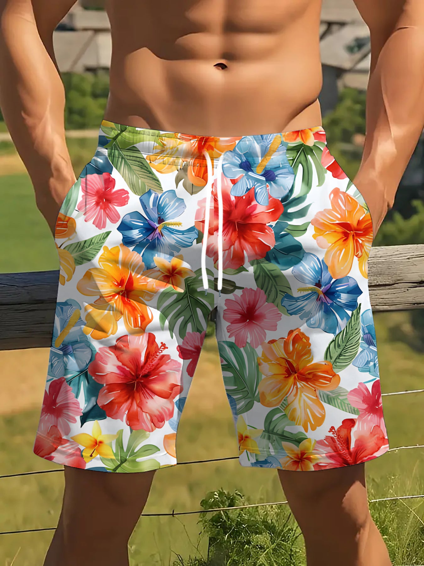 Short Homme Imprimé Floral & Géométrique – Style Vacances Décontracté, Légèrement Extensible | S au XXL