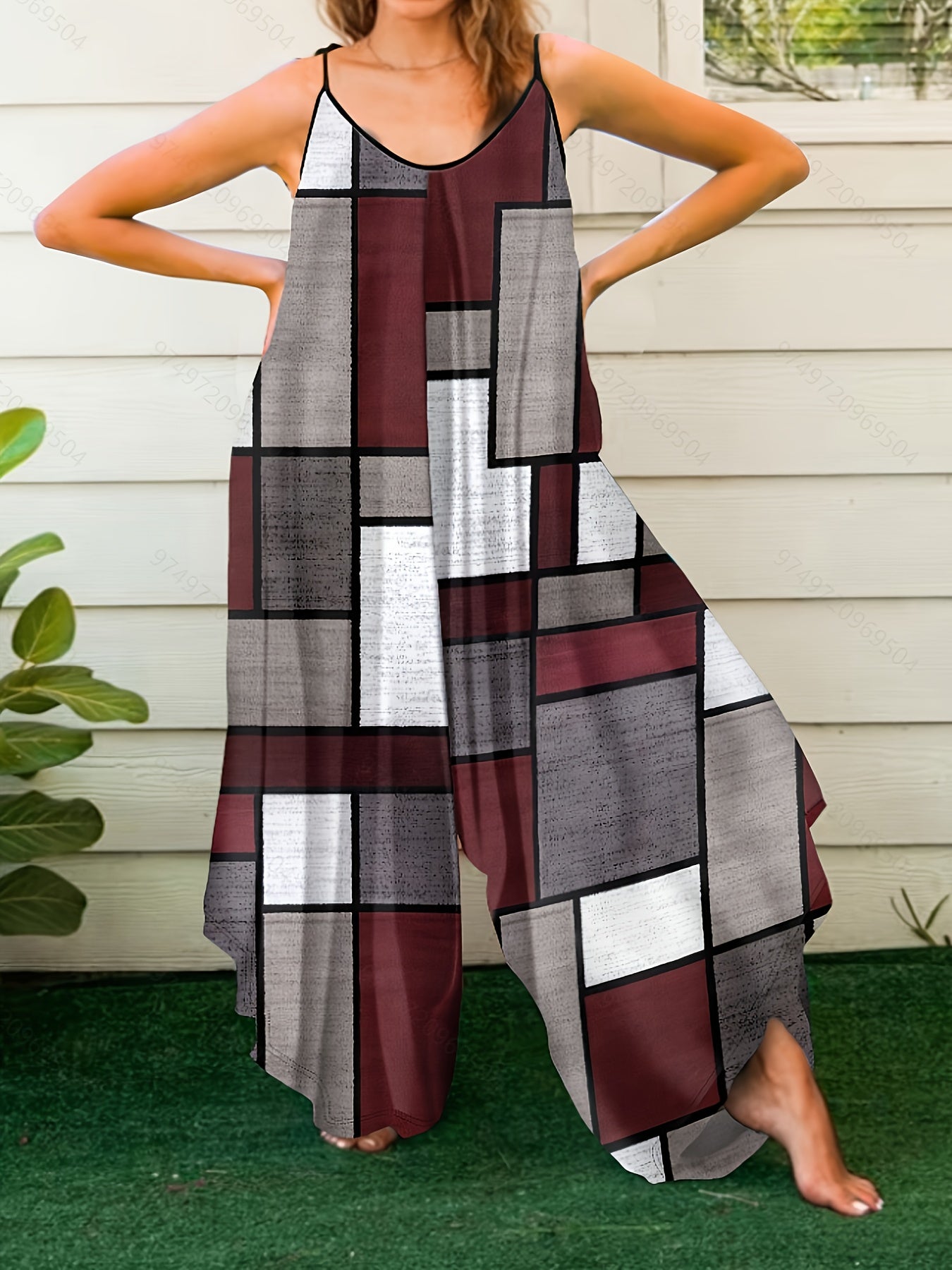 Combinaison d'Été à Bretelles Imprimé Géométrique – Tissu Extensible, Style Élégant | Grande Taille L au 4XL