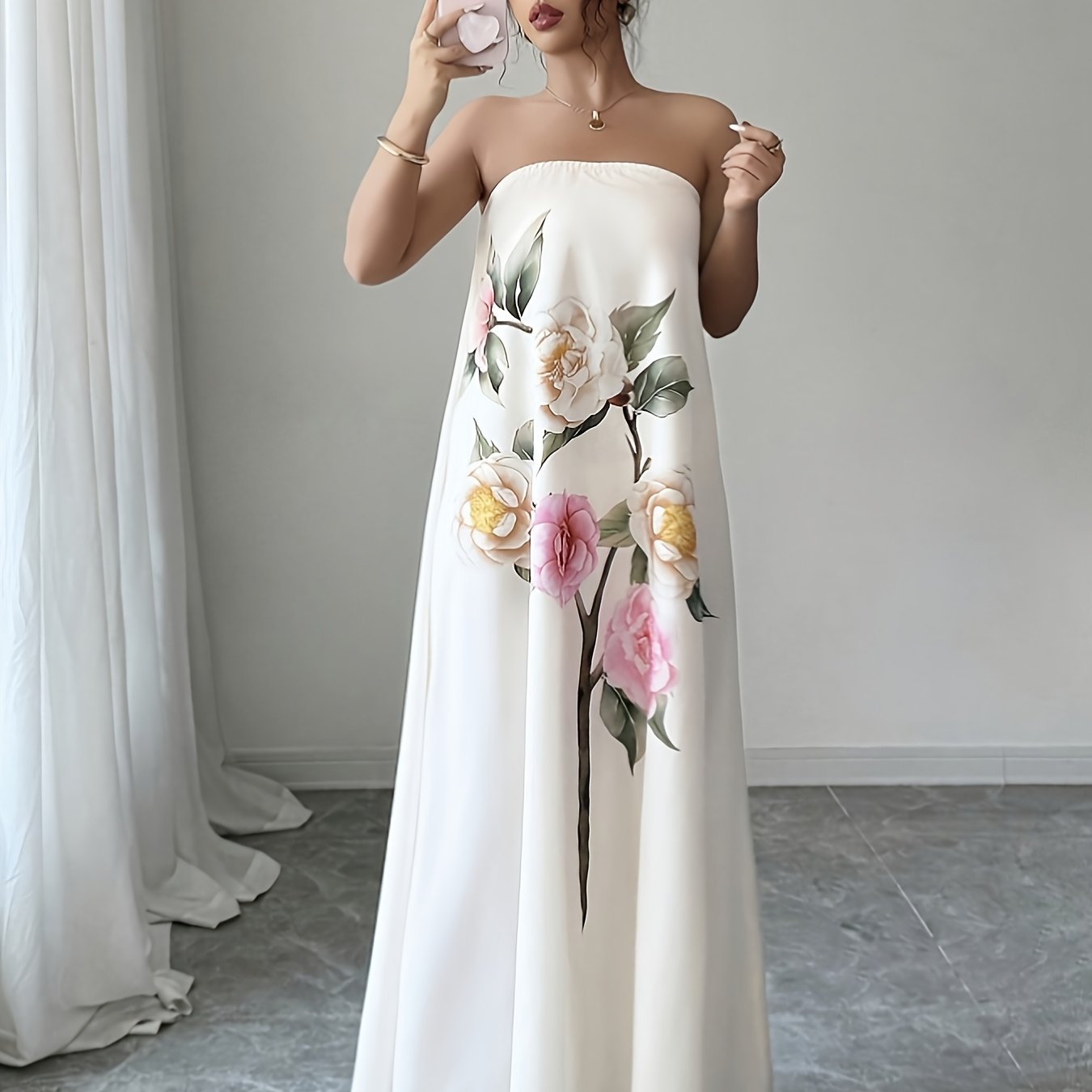 Robe Tunique Femme Elegante Imprime Floral Epaules Denudees – Style Ete Chic, Blanc | S au XL