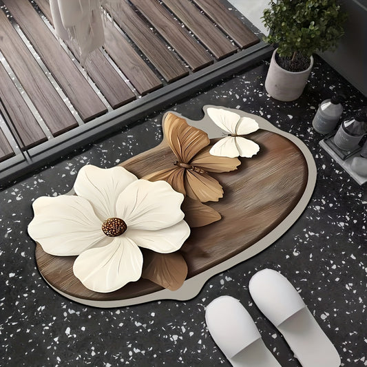 Tapis de Bain Rond Papillon Motif Floral - Antiderapant, Sechage Rapide, 100% Polyester, 40x60 ou 50x80cm