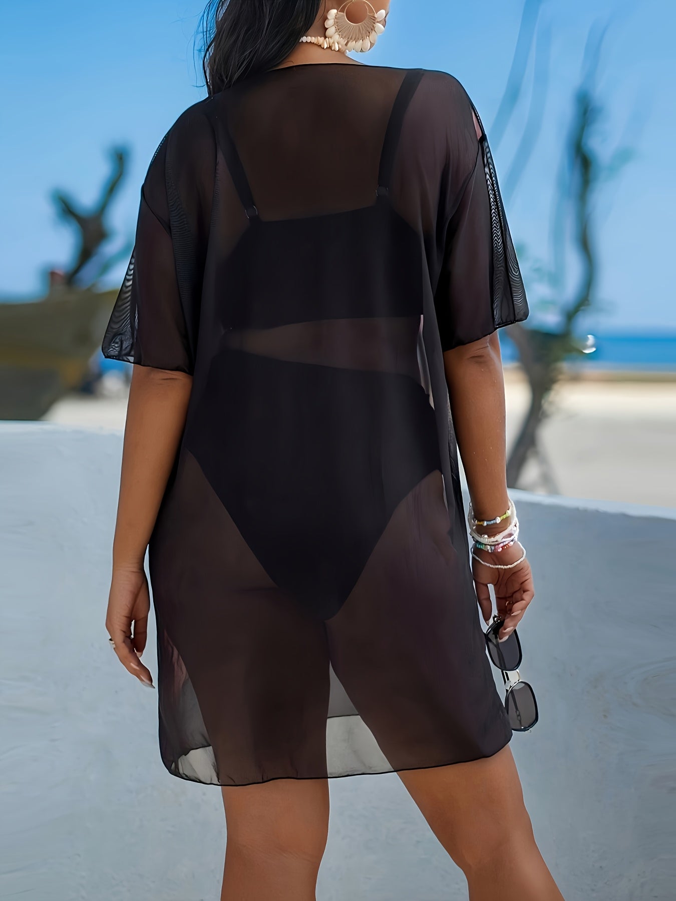 Pareo de Plage Femme Cache-Cou - Couleur Unie, Tissu Stretch Semi-Transparent, Style Decontracte