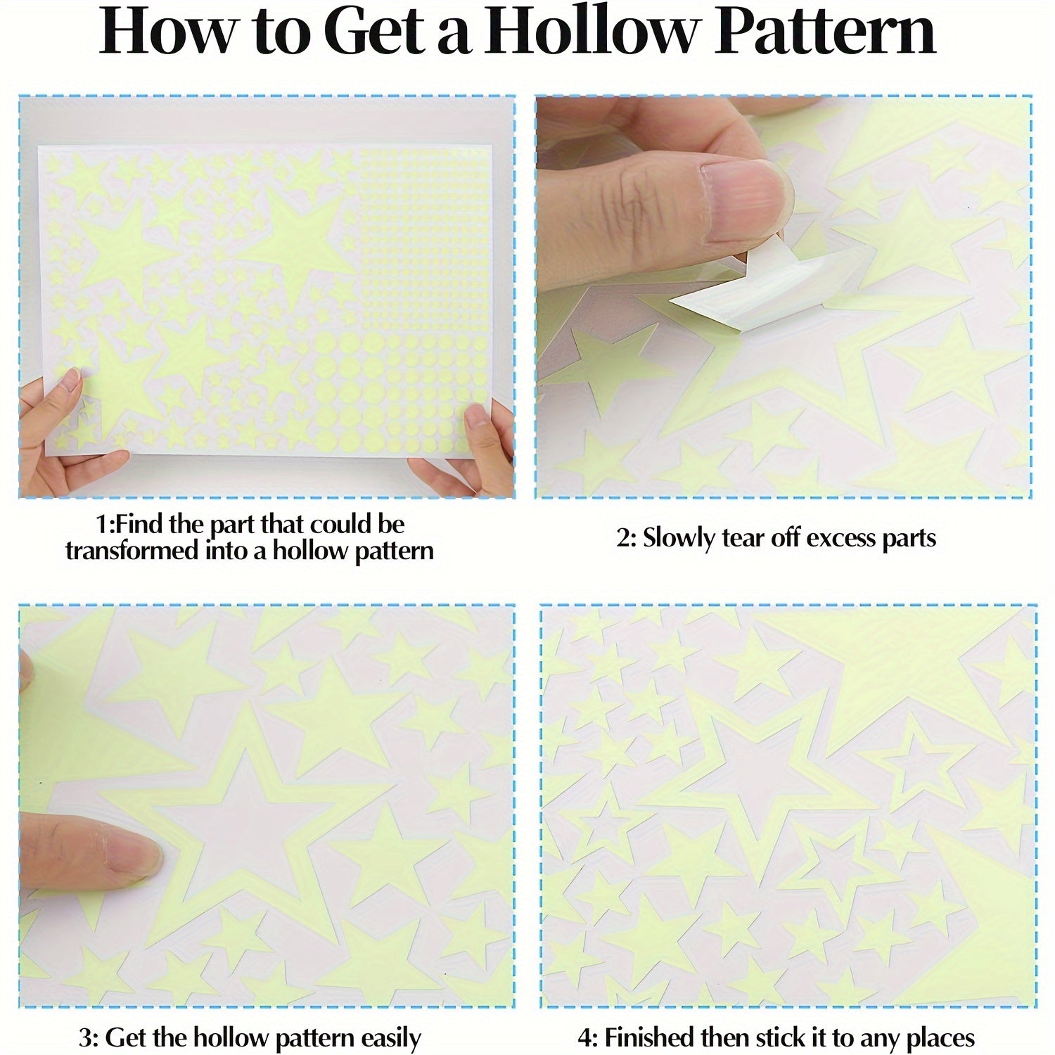 Four panels show hands peeling pale yellow star and dot stickers from a white vinyl sheet to create hollow star patterns.