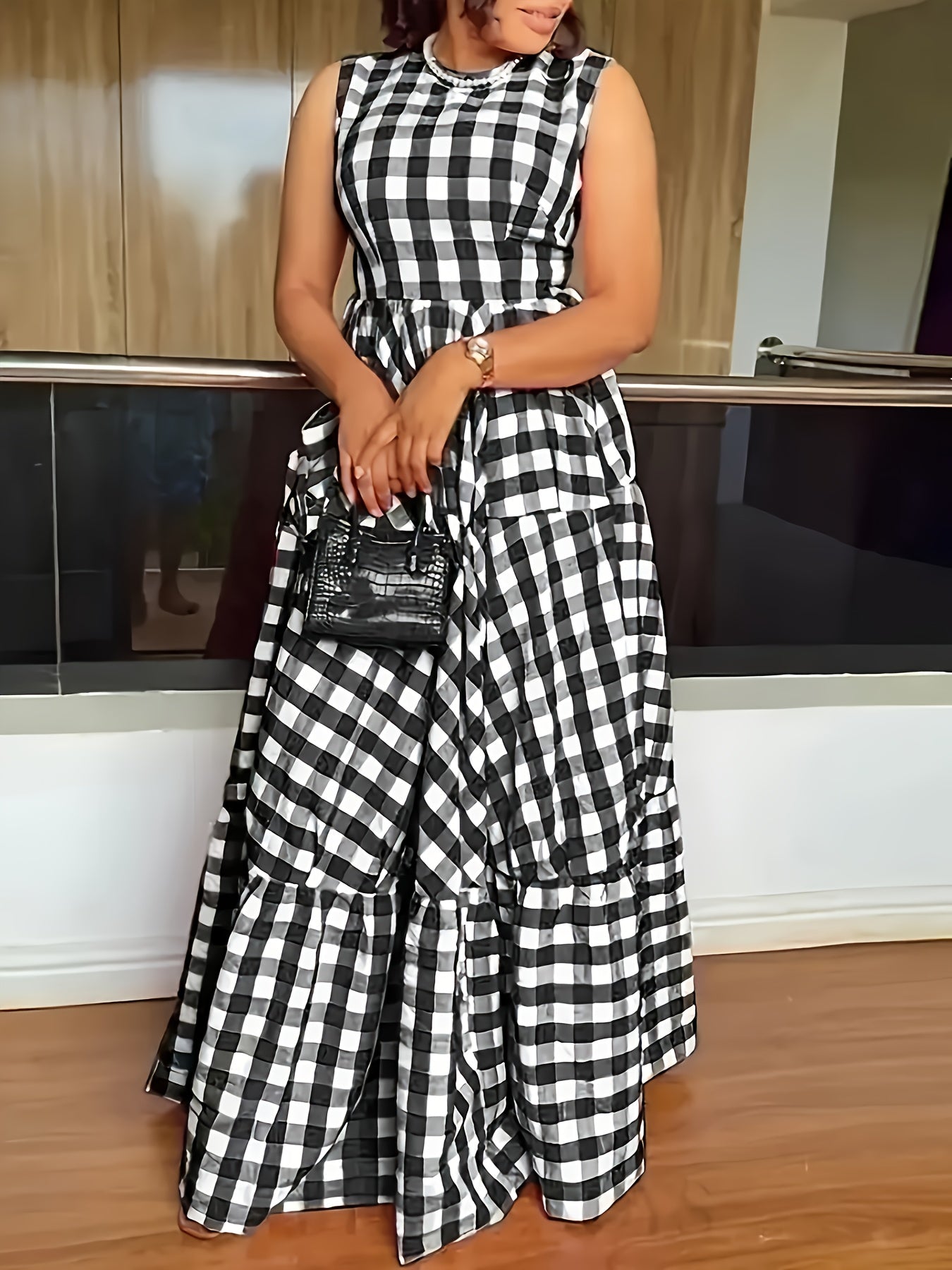 Robe ete femme carreaux sans manches - Col rond, coupe ajustee evasee, jupe multicouche, boutons, bleu ou noir, S a XXL
