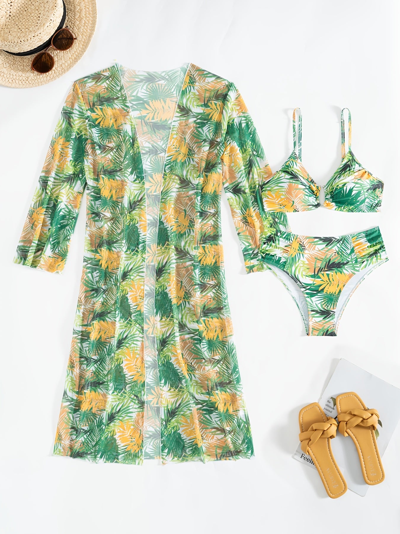 Ensemble Bikini 3 Pieces Femme - Motif Tropical, Col en V, Manches Longues